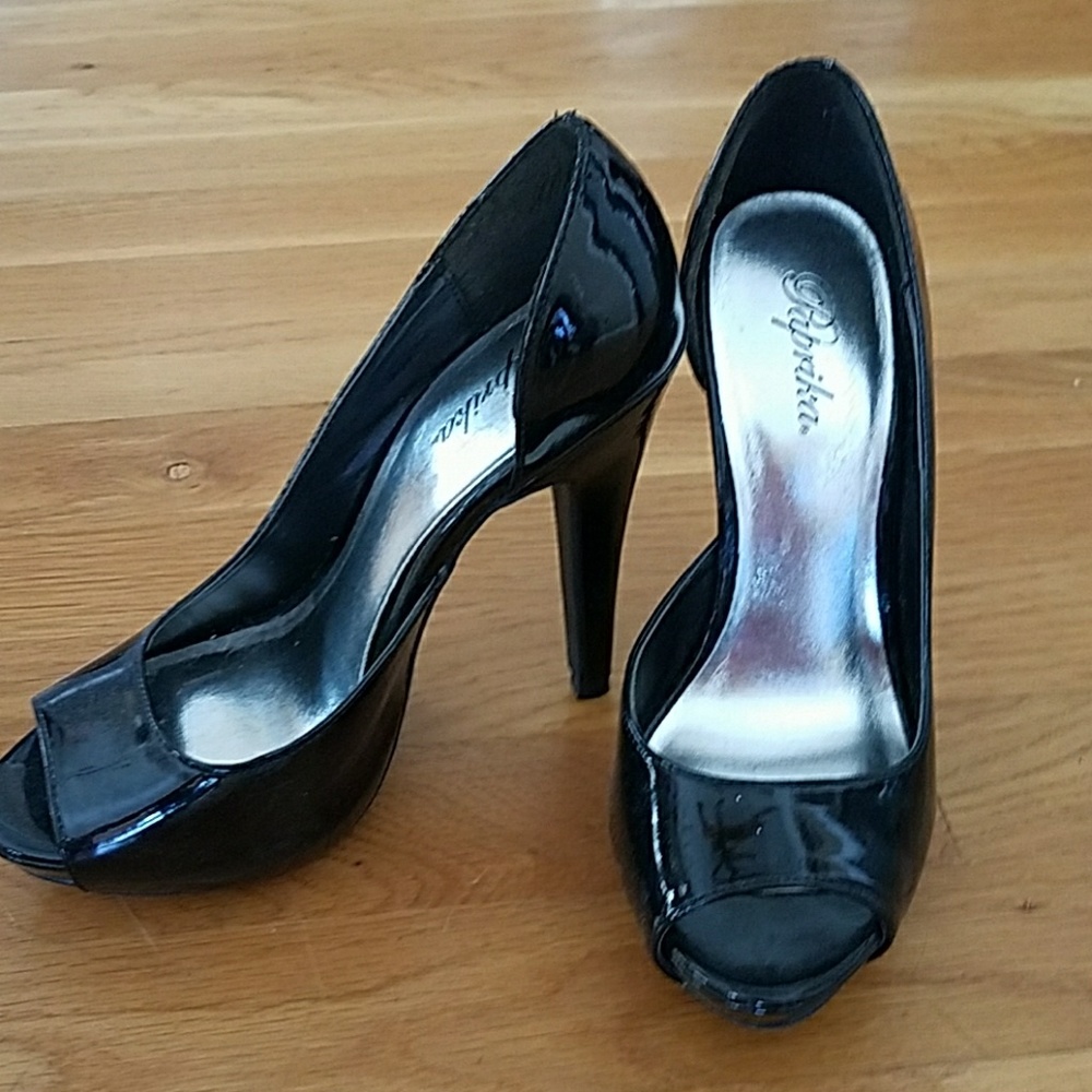 Paprika black patent-style peep toe heels
